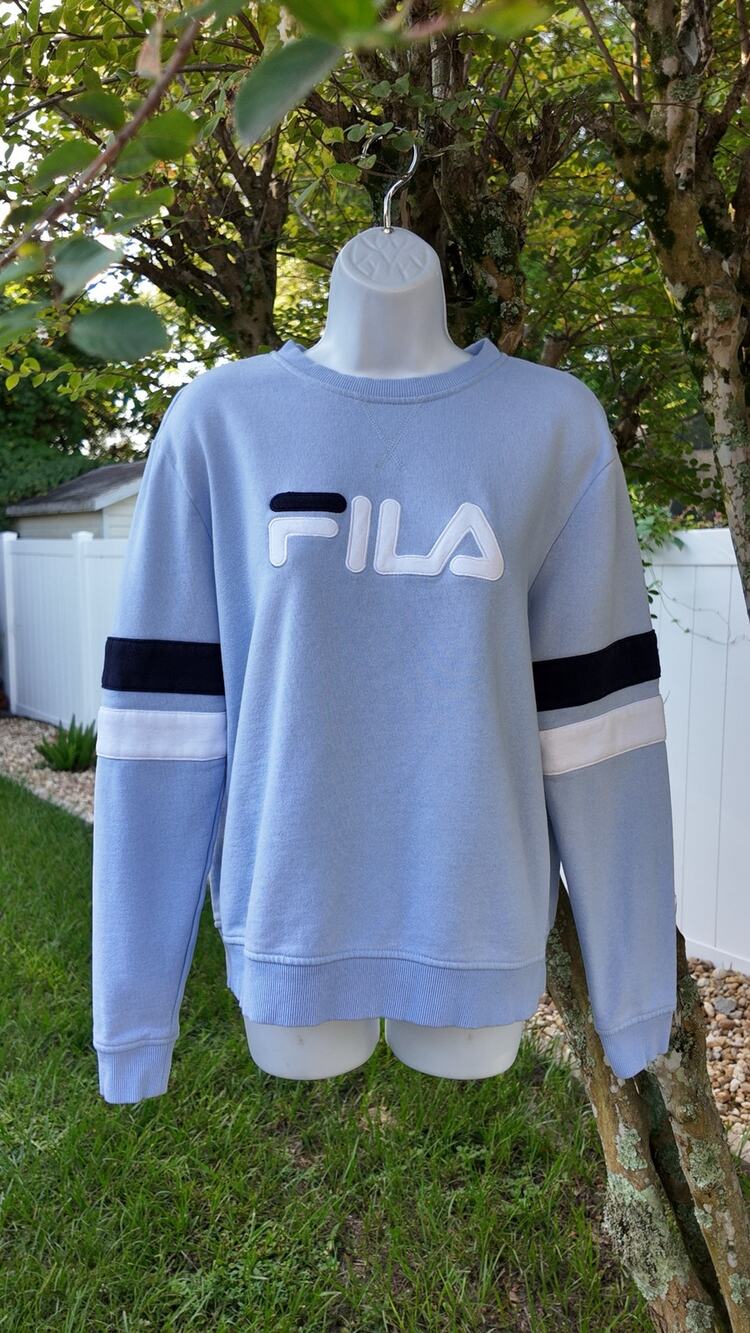 FILA Blue Crewneck Sweatshirt Logo Embroidered Colorblock Sleeve Women’s L